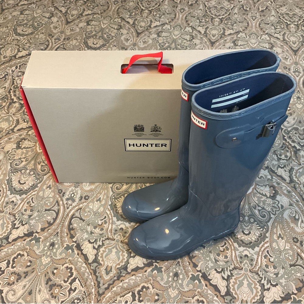 Like New Hunter Original Tall Gloss Gull Grey Boots Womens Sz 9 Worn 1x